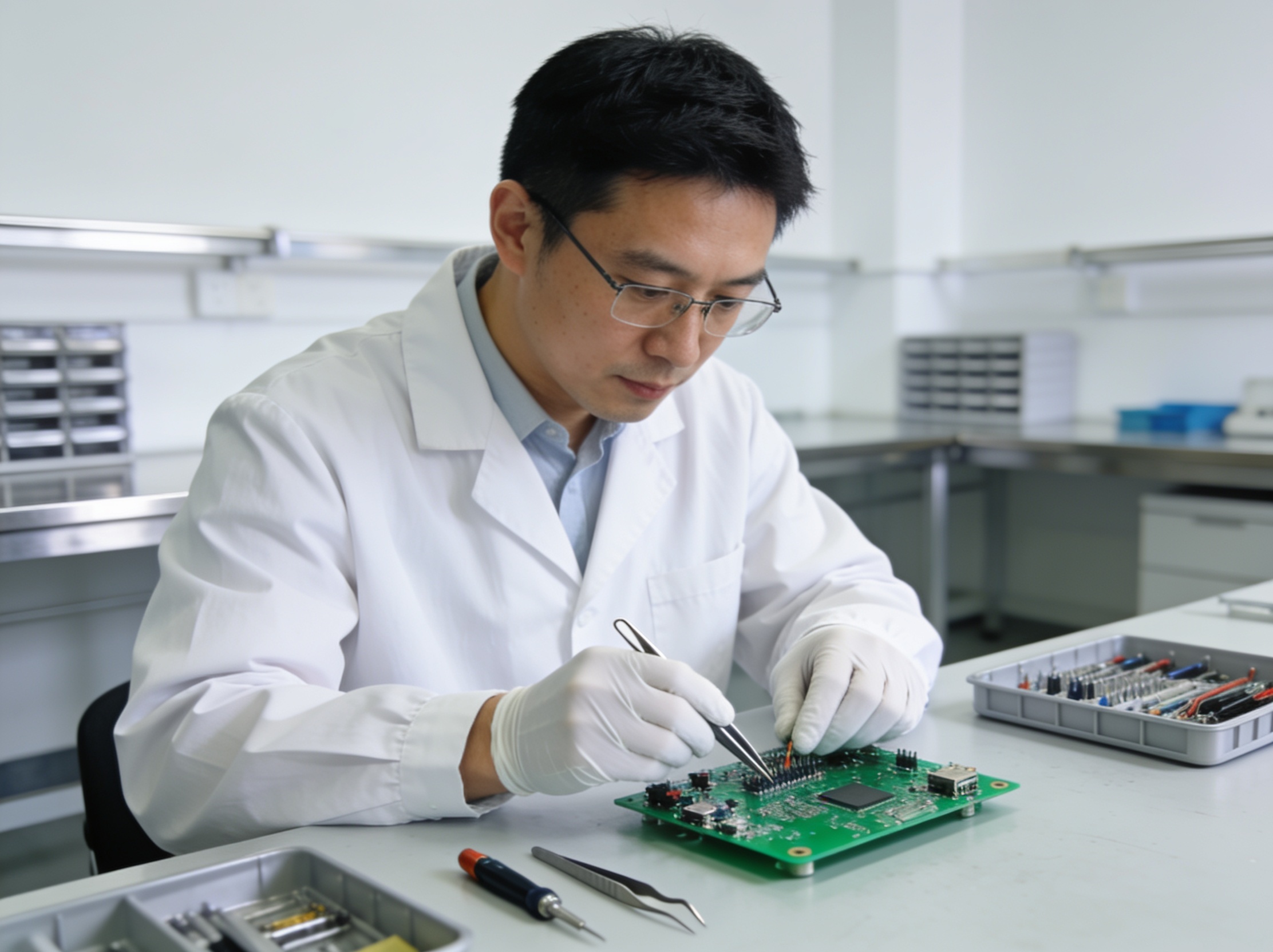 Tehnician de service lucrând pe componente electronice